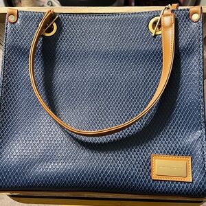 Monica Sanches Navy and Tan Snakeskin Tote